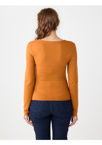 Karamel Dar Kesim Uzun Kollu Kare Yaka Örme Bluz indirimleri