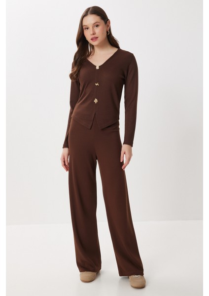 Gold Düğmeli Selanik Bluz Pantolon Takım LCI0059 Kahverengi