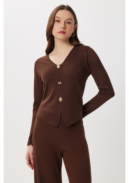 Gold Düğmeli Selanik Bluz Pantolon Takım LCI0059 Kahverengi fiyatları