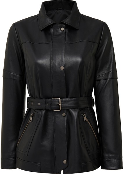 Hillary Kadın Siyah Yaka Kürklü Kapüşonlu Deri Mont 25WGE56051M modelleri