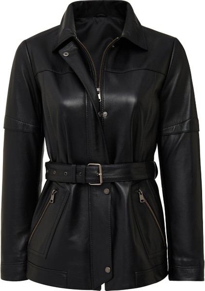 Hillary Kadın Siyah Yaka Kürklü Kapüşonlu Deri Mont 25WGE56051M fırsatları