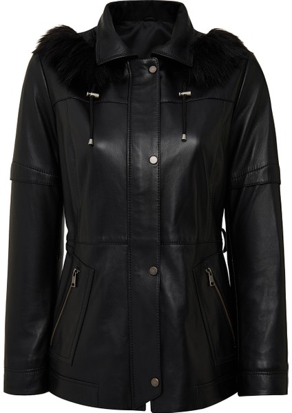 Hillary Kadın Siyah Yaka Kürklü Kapüşonlu Deri Mont 25WGE56051M indirimleri