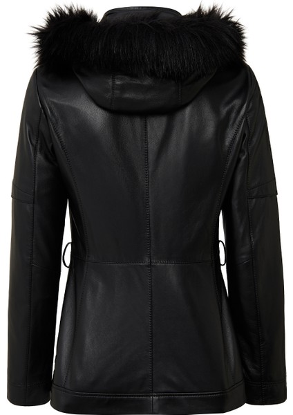 Hillary Kadın Siyah Yaka Kürklü Kapüşonlu Deri Mont 25WGE56051M