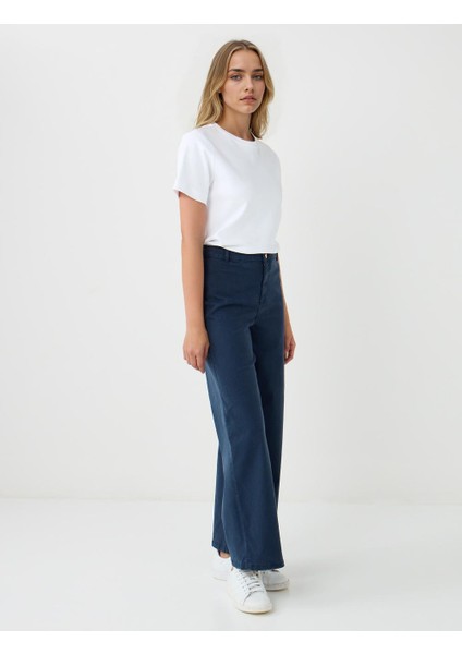 Lacivert Normal Bel Ispanyol Paça Dokuma Pantolon modelleri