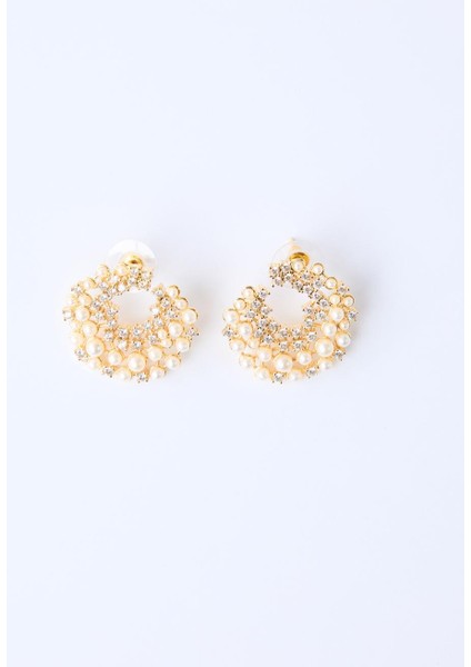 Altın Rengi Inci Detaylı Işıltılı Küpe