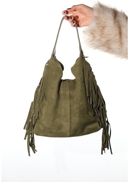 Vals Yeşil Süet Hakiki Deri Püsküllü Kadın Kol Çantası