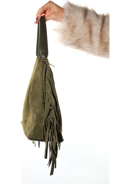 Vals Yeşil Süet Hakiki Deri Püsküllü Kadın Kol Çantası modelleri
