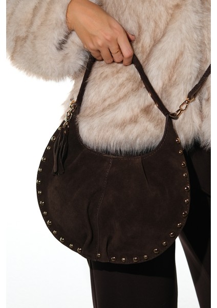 Antıno Kahverengi Süet Hakiki Deri Troklu Kadın Kol Çantası