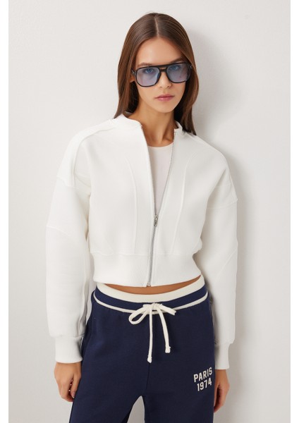 Fermuarlı Şardonlu Örme Sweatshirt LAN0085 Ekru