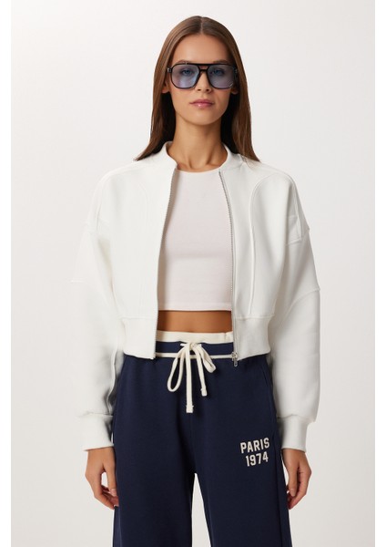 Fermuarlı Şardonlu Örme Sweatshirt LAN0085 Ekru fiyatları