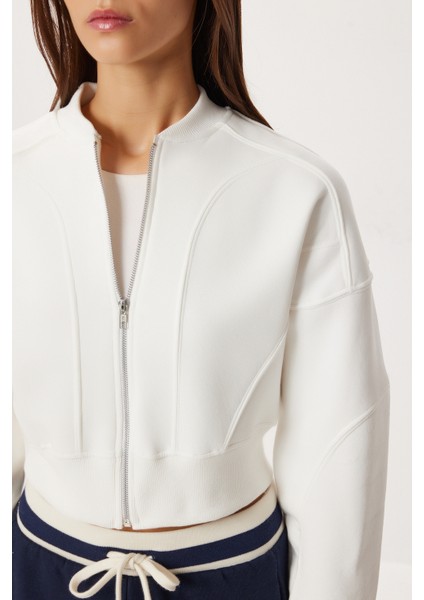 Fermuarlı Şardonlu Örme Sweatshirt LAN0085 Ekru fırsatları