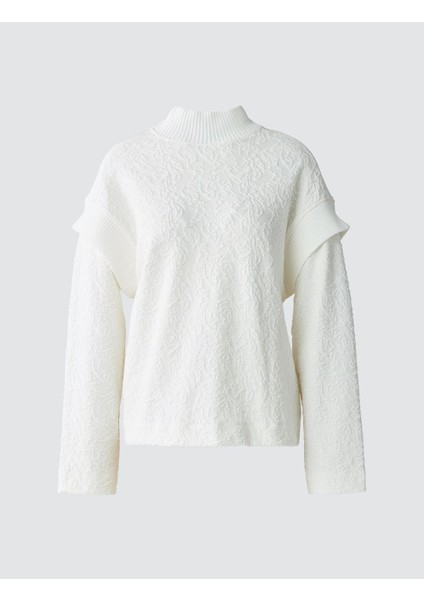 Ekru Dik Yaka Uzun Kollu Desenli Örme Sweatshirt