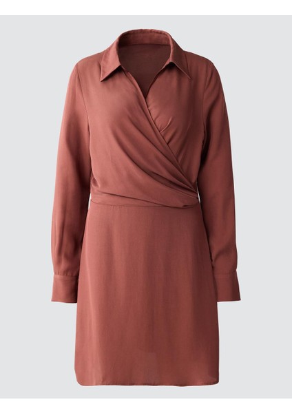 Açık Kahverengi Dar Kesim Anvelop Yaka Dokuma Mini Elbise