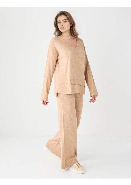 Bej Melanj Yüksek Bel Bol Paça Beli Lastikli Triko Pantolon