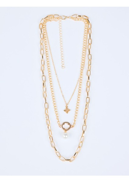Altın Rengi Inci Detaylı Çok Zincirli Ayarlanabilir Kolye