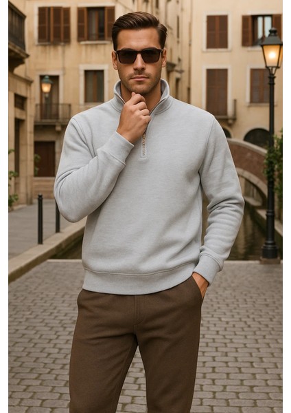 Erkek Kışlık Polo Yaka Gri Fermuarlı Sweatshirt
