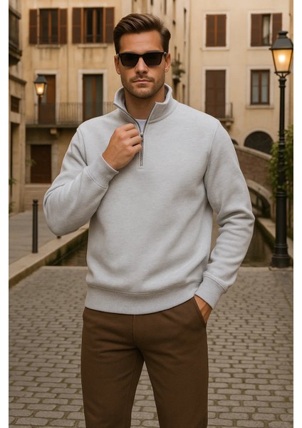 Erkek Kışlık Polo Yaka Gri Fermuarlı Sweatshirt fiyatları