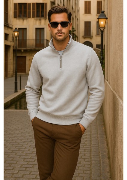 Erkek Kışlık Polo Yaka Gri Fermuarlı Sweatshirt modelleri