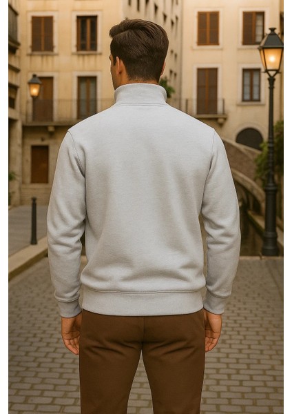 Erkek Kışlık Polo Yaka Gri Fermuarlı Sweatshirt