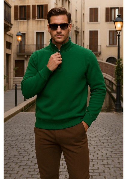 Erkek Kışlık Polo Yaka Yeşil Fermuarlı Sweatshirt