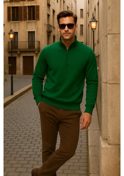 Erkek Kışlık Polo Yaka Yeşil Fermuarlı Sweatshirt modelleri