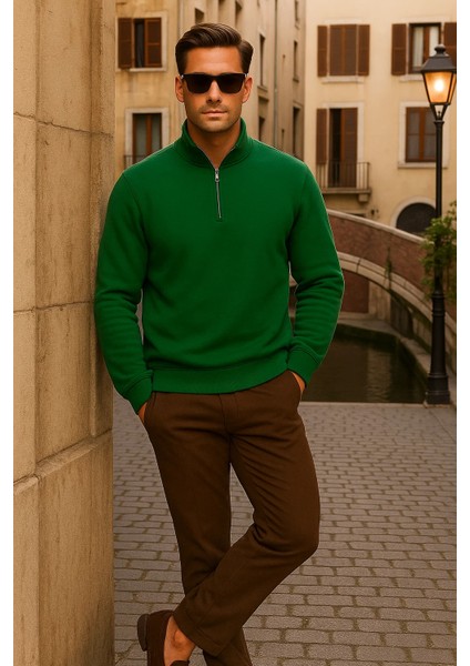 Erkek Kışlık Polo Yaka Yeşil Fermuarlı Sweatshirt fırsatları