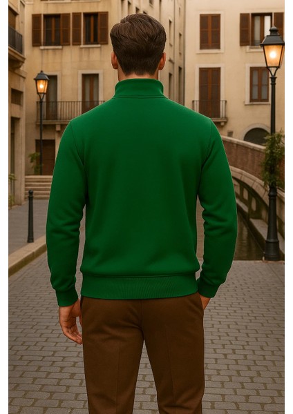 Erkek Kışlık Polo Yaka Yeşil Fermuarlı Sweatshirt indirimleri