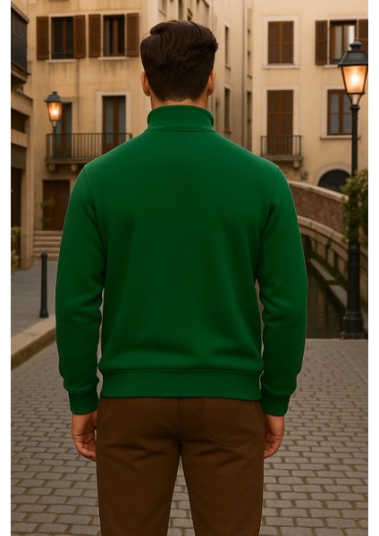 Erkek Kışlık Polo Yaka Yeşil Fermuarlı Sweatshirt