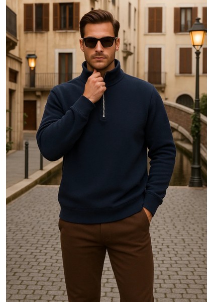 Erkek Kışlık Polo Yaka Lacivert Fermuarlı Sweatshirt