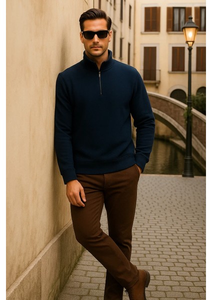 Erkek Kışlık Polo Yaka Lacivert Fermuarlı Sweatshirt modelleri