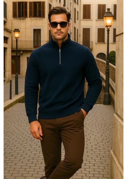 Erkek Kışlık Polo Yaka Lacivert Fermuarlı Sweatshirt fırsatları