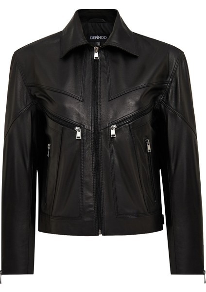 Vanessa Kadın Siyah Gömlek Yaka Kısa Oversize Deri Ceket 25WGD5325U4