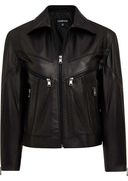 Vanessa Kadın Siyah Gömlek Yaka Kısa Oversize Deri Ceket 25WGD5325U4 modelleri