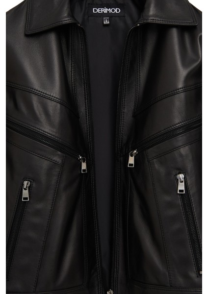 Vanessa Kadın Siyah Gömlek Yaka Kısa Oversize Deri Ceket 25WGD5325U4 fırsatları