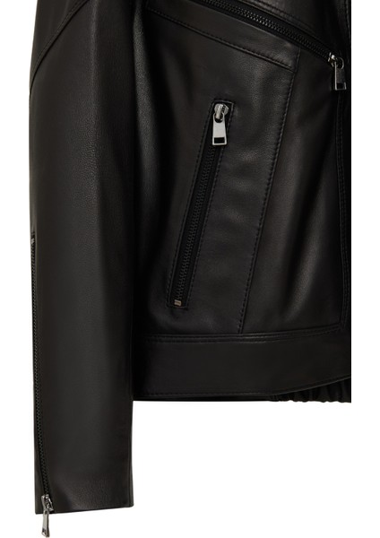 Vanessa Kadın Siyah Gömlek Yaka Kısa Oversize Deri Ceket 25WGD5325U4