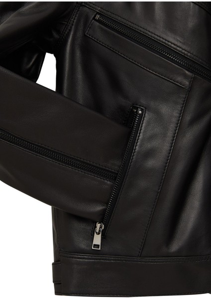 Vanessa Kadın Siyah Gömlek Yaka Kısa Oversize Deri Ceket 25WGD5325U4