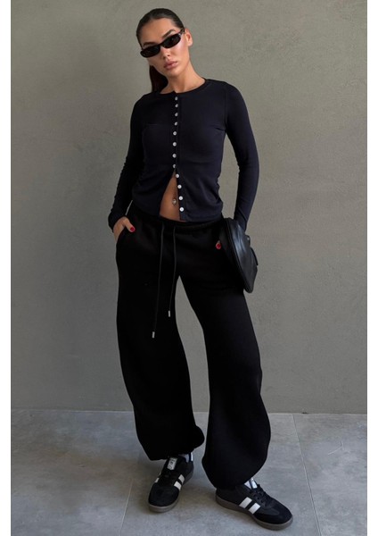 Siyah Geniş Paça Rahat Kalıp Lastikli Eşofman Altı MG2581