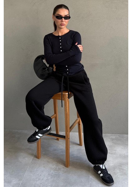 Siyah Geniş Paça Rahat Kalıp Lastikli Eşofman Altı MG2581 modelleri