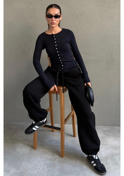 Siyah Geniş Paça Rahat Kalıp Lastikli Eşofman Altı MG2581