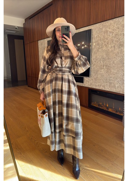 Ekose Gömlek Elbise- Kahverengi