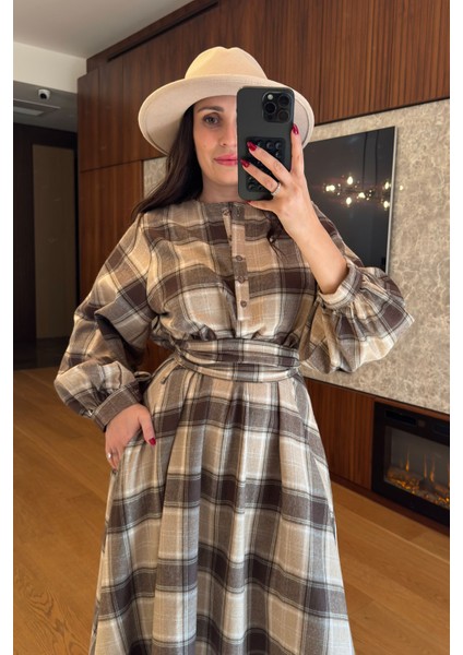 Ekose Gömlek Elbise- Kahverengi fiyatları