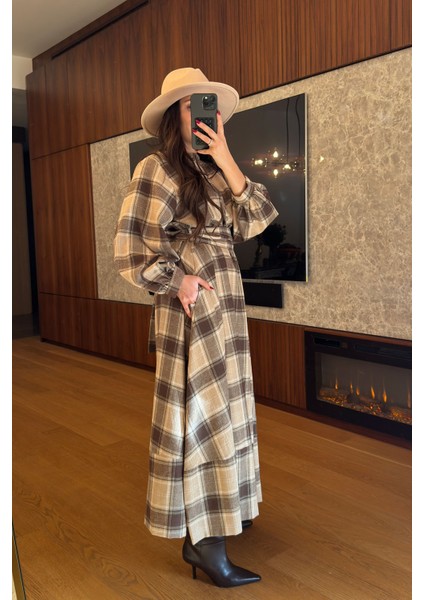 Ekose Gömlek Elbise- Kahverengi modelleri