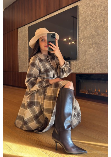 Ekose Gömlek Elbise- Kahverengi fırsatları