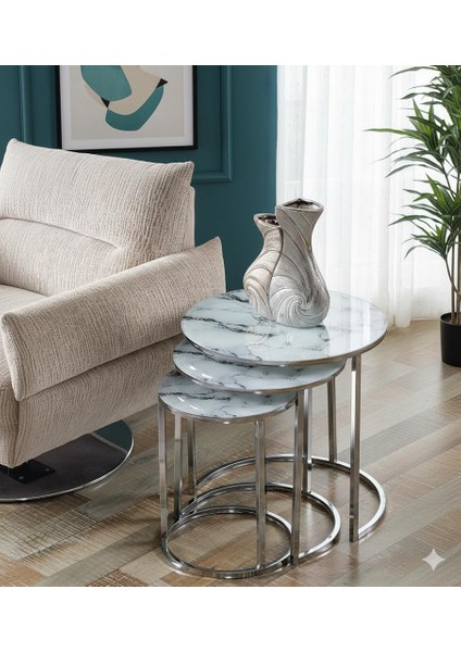 3' Lü Temperli Kırılmaz Cam Gümüş Metal Zigon Sehpa