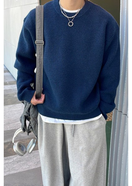 Erkek Mat Lacivert Regular Fit Bisiklet Yaka Örgülü Triko