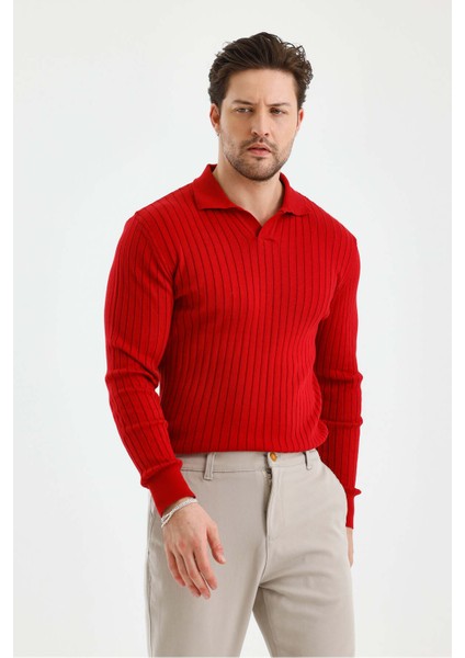 Kırmızı Erkek Polo Yaka Fitilli Triko Kazak