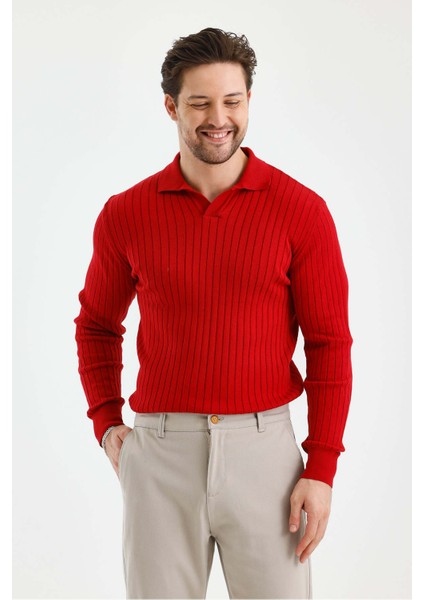 Kırmızı Erkek Polo Yaka Fitilli Triko Kazak fiyatları