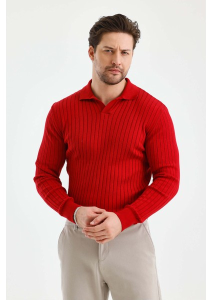Kırmızı Erkek Polo Yaka Fitilli Triko Kazak modelleri