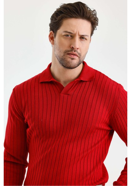 Kırmızı Erkek Polo Yaka Fitilli Triko Kazak fırsatları