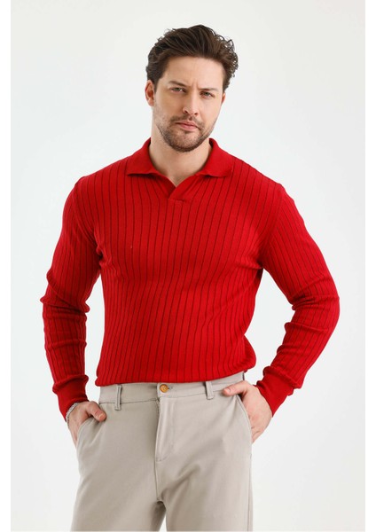 Kırmızı Erkek Polo Yaka Fitilli Triko Kazak indirimleri